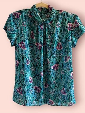 Vintage Anna Kriste Floral Mock Neck Tie Blouse | Teal Purple Semi-Sheer Top